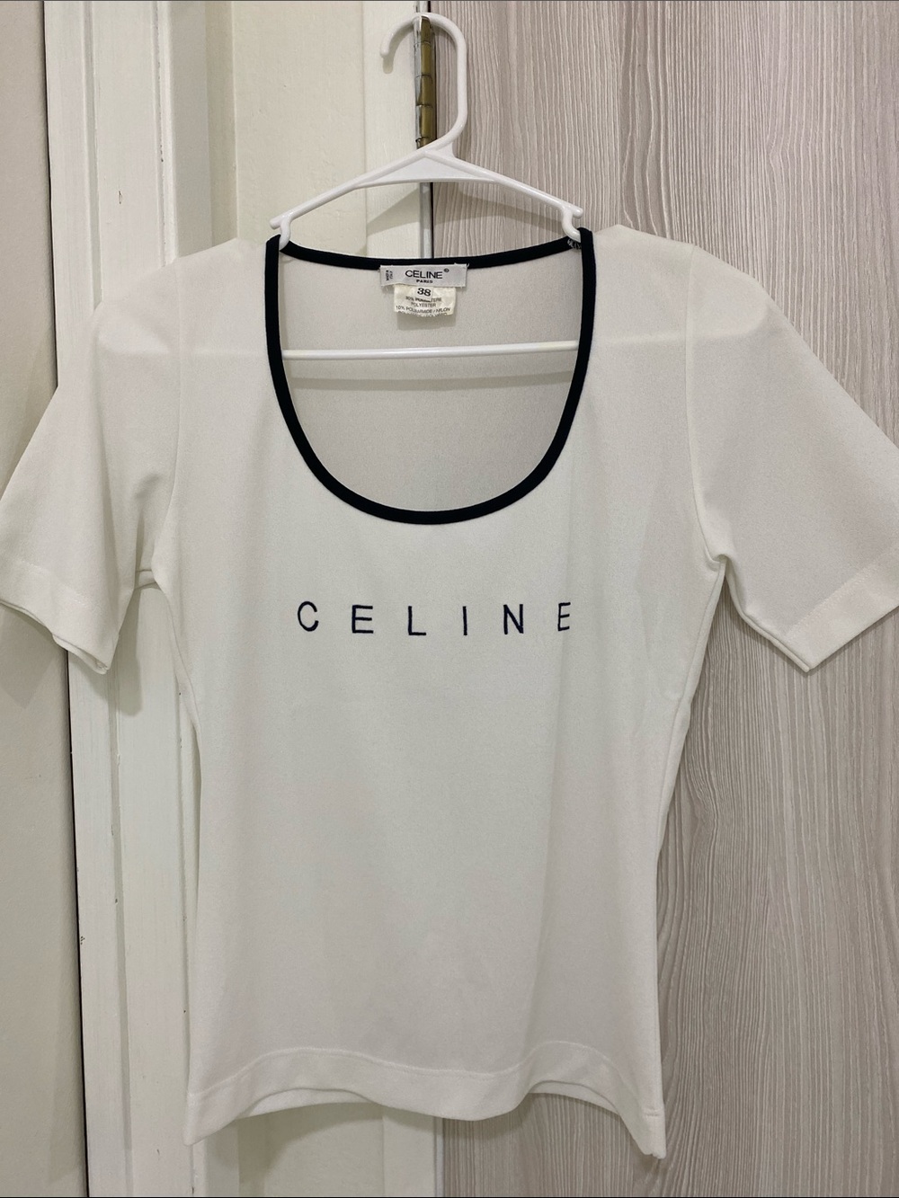Celine White Scoop Neck Tee with Black Trim and Logo